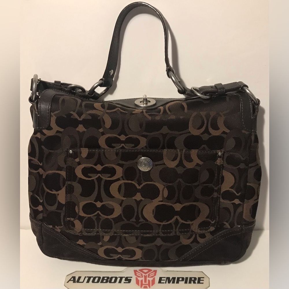 Vintage Coach Womens Brown Leather Fabric Logo Shoulder Bag Tote Purse Fashion 1